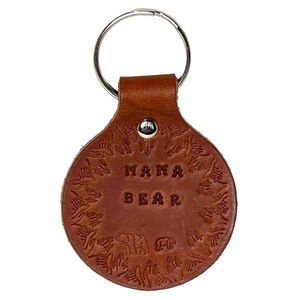 Handmade stamped Mama Bear nature brown 100%‎ leather silver aluminum keychain